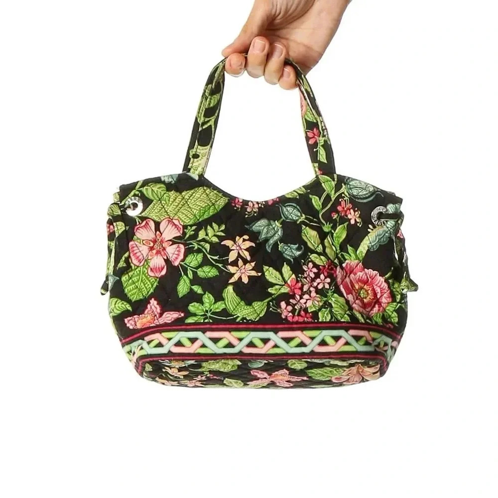 Vera Bradley Quilted Black Floral Tote with Pink and Green Accents
